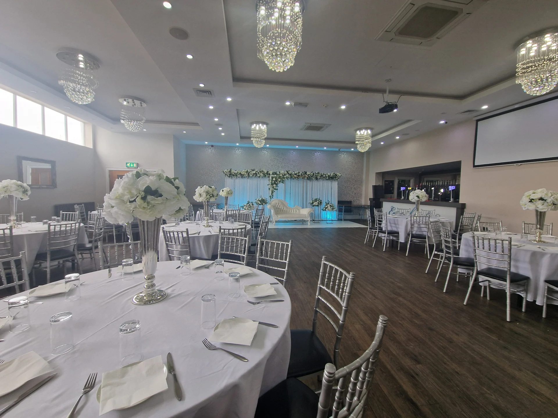 The Valley Suites banquet room set for a wedding reception